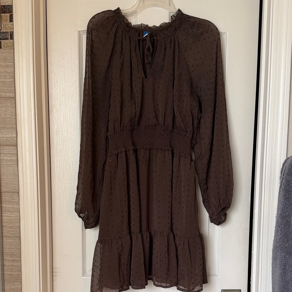Old Navy Brown Long Sleeve Smocked Waist Tiered Dress